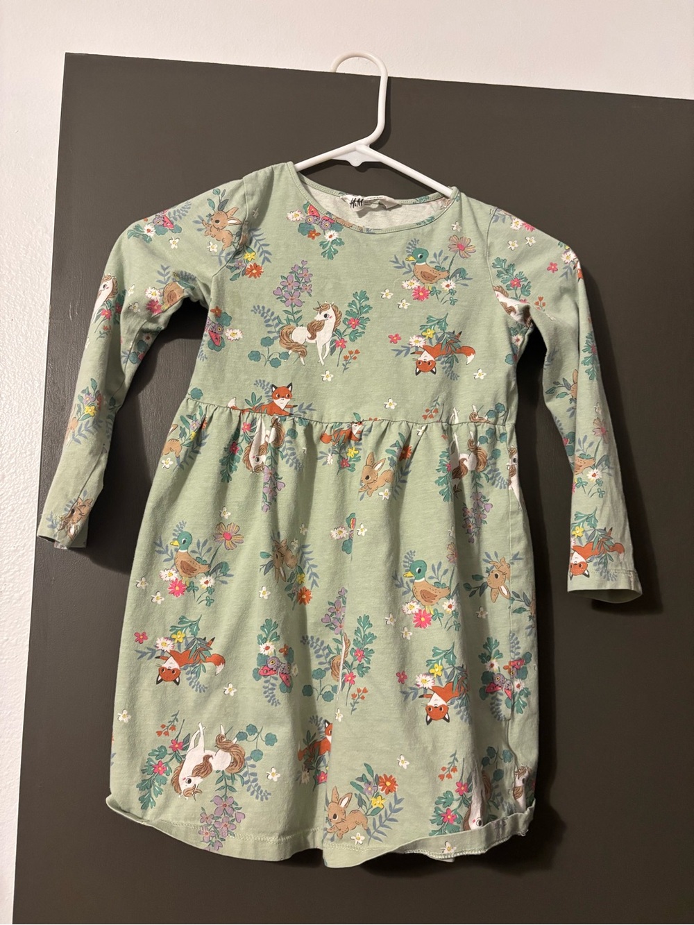 H&M Sage Green Long Sleeve Dress with Woodland Animal Print